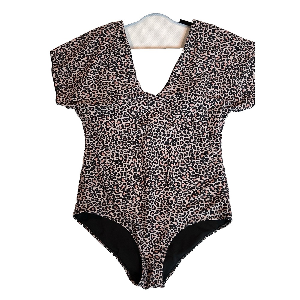 Byinns Leopard Print Flutter Sleeve V-Neck One Piece Swimsuit XXL Pink‎ Tan